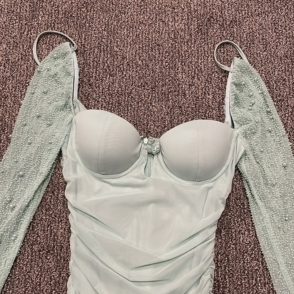 NWT Oh Polly St. Germain Embellished Long Sleeve Mini Dress in Aqua - Picture 4 of 7